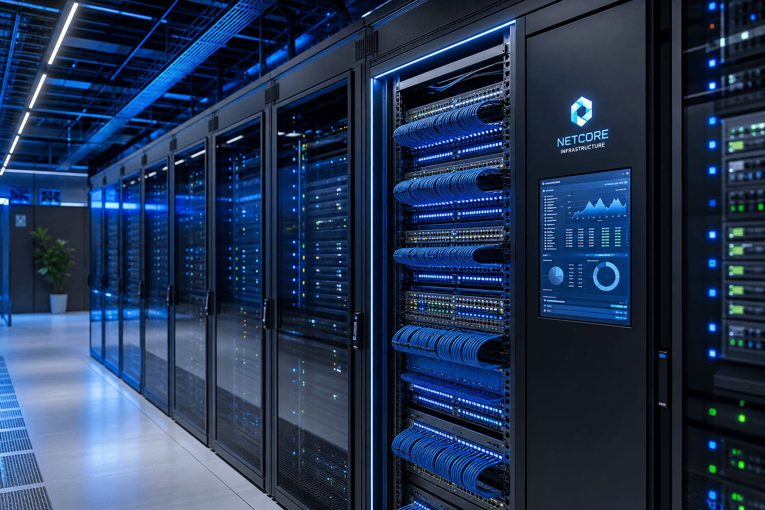 Fütüristik veri merkezi koridoru, sunucu rafları ve fiber optik aydınlatma