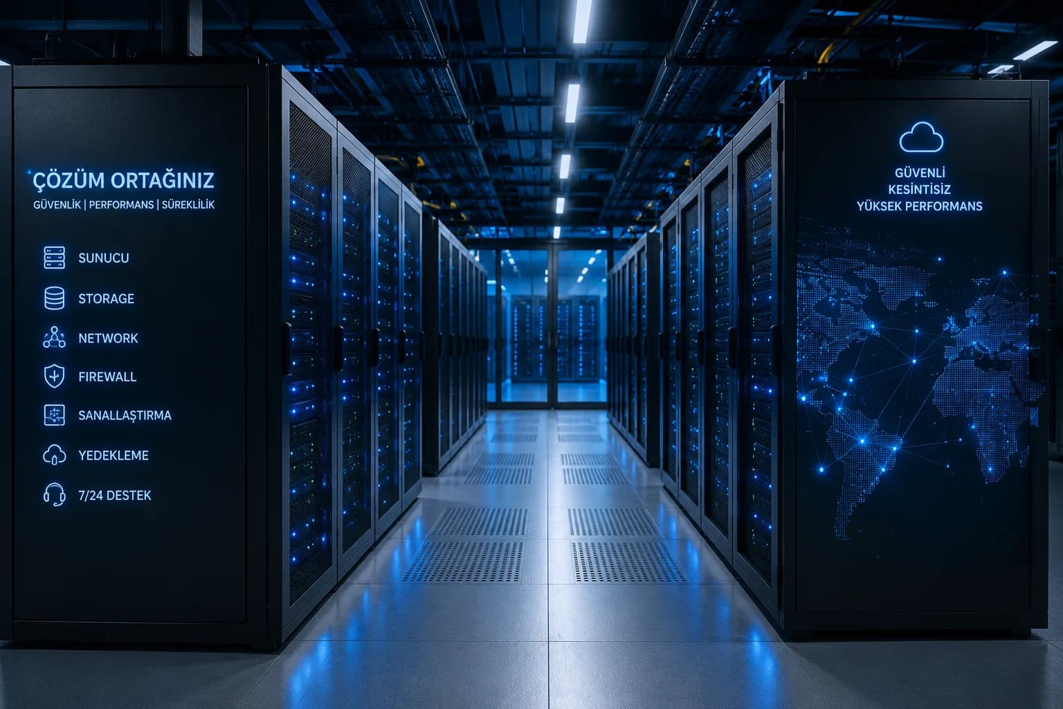 Data center koridoru ve sunucu altyapısı